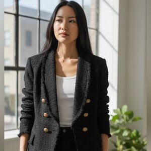 Zara Black Textured Blazer with Gold Buttons